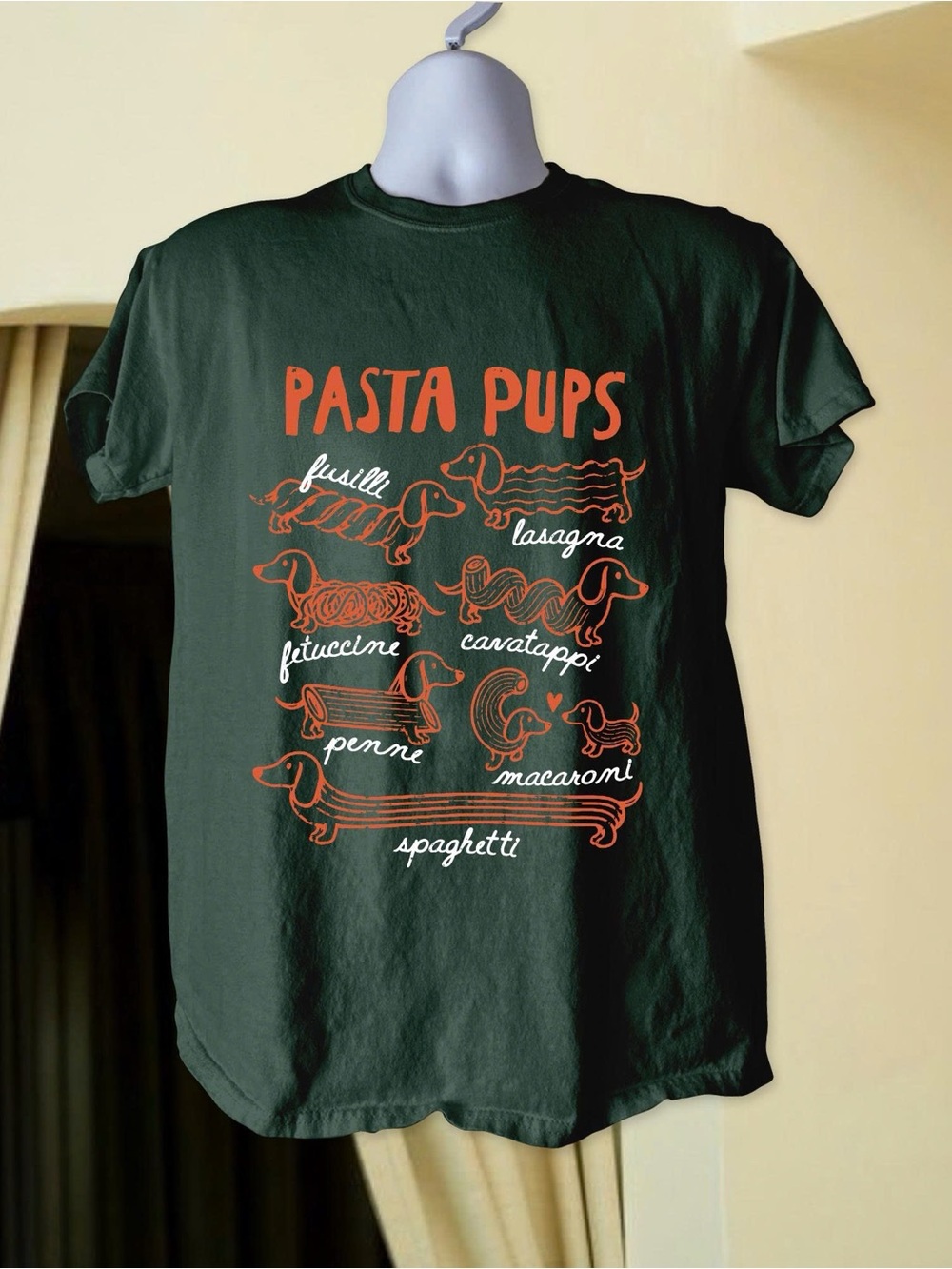 Gildan Dark Green "Pasta Pups" Graphic Tee with Orange Print